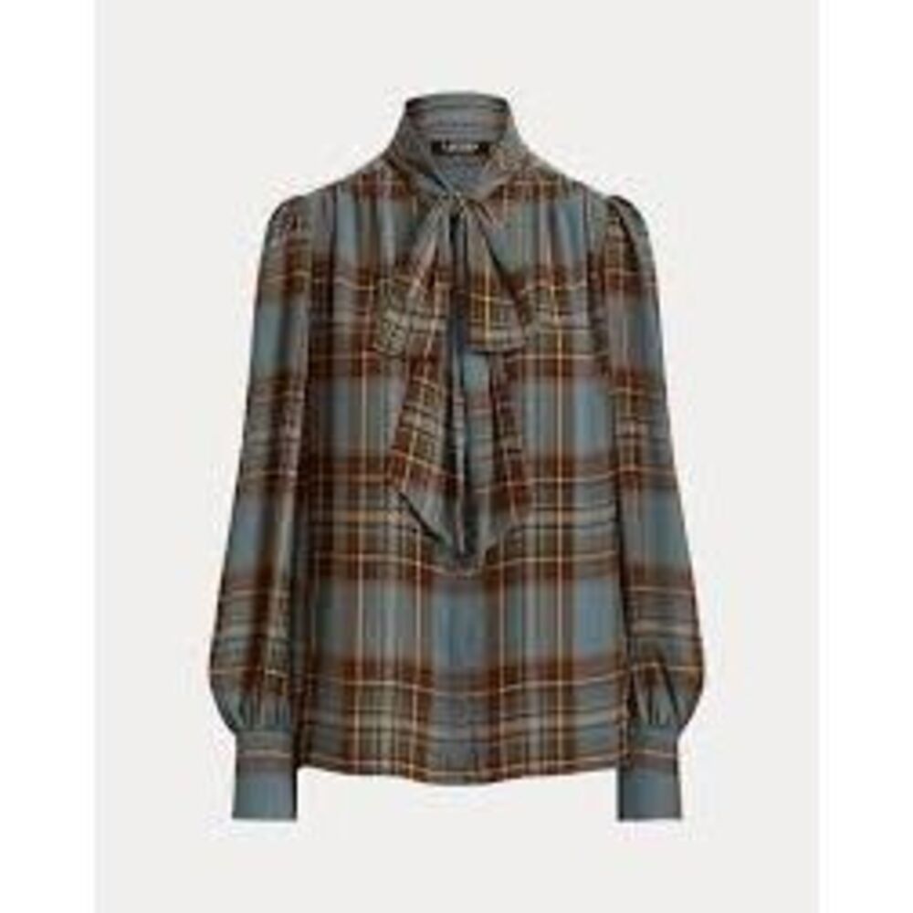 Ralph Lauren Womens Tartan Plaid Tie Neck Button-up Georgette Shirt Blue Tan XL